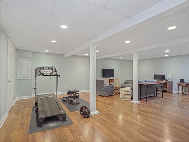 22 Rocky Ridge Dr, Trumbull, CT 06611 - workout room with wood finished floors, decorative columns, a drop ceiling, and recessed lighting