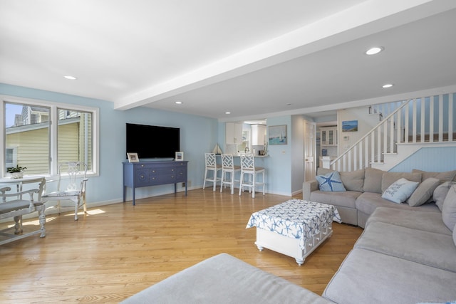 35 Lawrence Ave, Milford, CT 06460 - living room featuring light wood-style flooring, stairway, recessed lighting, and beamed ceiling