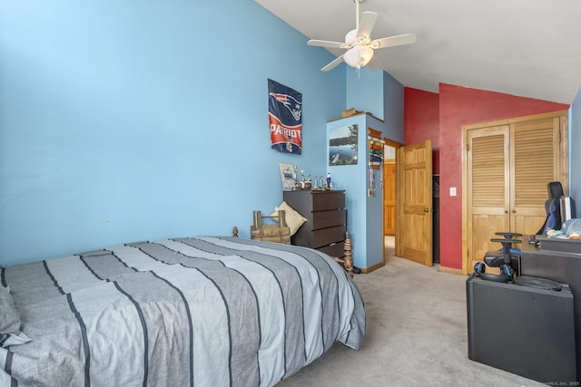 35 Lawrence Ave, Milford, CT 06460 - bedroom featuring vaulted ceiling, light colored carpet, a closet, and a ceiling fan