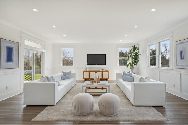 433 Belden Hill Rd, Wilton, CT 06897 - living area featuring ornamental molding, wood finished floors, recessed lighting, and a decorative wall