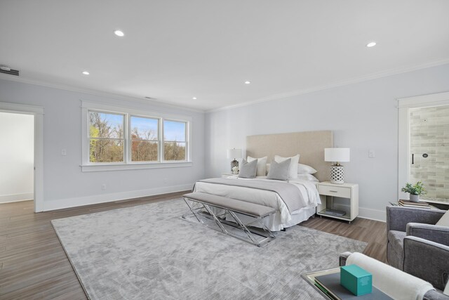 433 Belden Hill Rd, Wilton, CT 06897 - bedroom featuring crown molding, wood finished floors, and recessed lighting