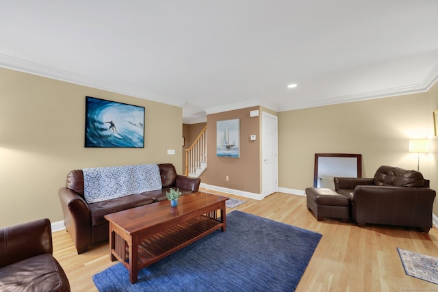 668 Kings Hwy W Unit 668, Fairfield, CT 06890 - living room featuring stairway, light wood-style floors, ornamental molding, and recessed lighting