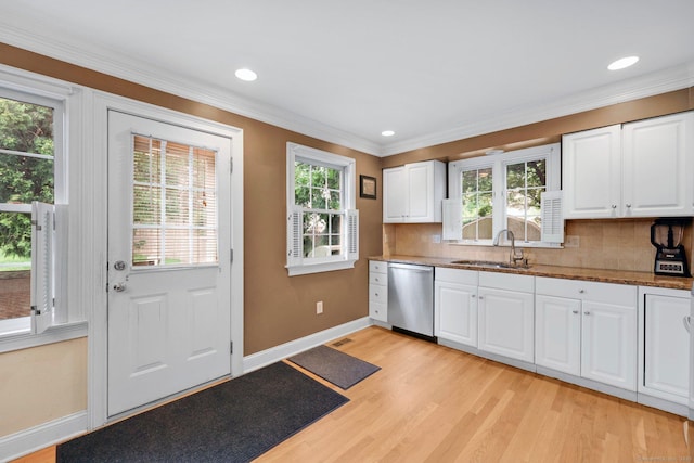 668 Kings Hwy W Unit 668, Fairfield, CT 06890 - kitchen with stainless steel dishwasher, decorative backsplash, white cabinetry, light wood-style floors, and crown molding