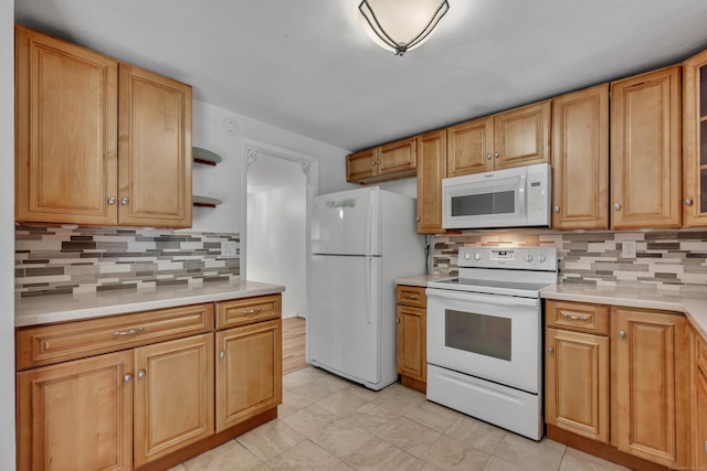43 Kanter Dr, Vernon, CT 06066 - kitchen with white appliances, open shelves, light countertops, and decorative backsplash