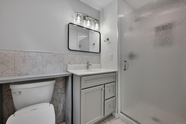 43 Kanter Dr, Vernon, CT 06066 - bathroom featuring marble look tiles, vanity, a shower stall, and tile walls