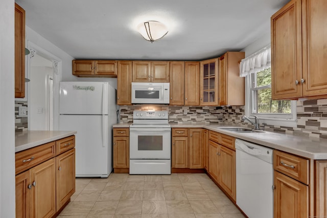 43 Kanter Dr, Vernon, CT 06066 - kitchen with white appliances, light countertops, decorative backsplash, and glass insert cabinets