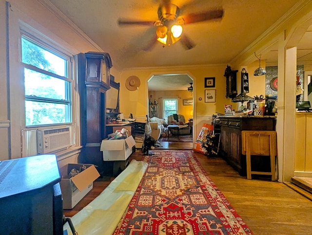 415 N Main St, Winchester, CT 06098 - interior space with a ceiling fan, arched walkways, wood finished floors, and ornamental molding