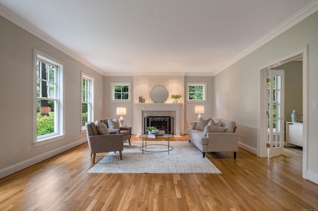 4 Brighton Ln, Simsbury, CT 06070 - living room featuring light wood-style flooring, a fireplace, plenty of natural light, and ornamental molding