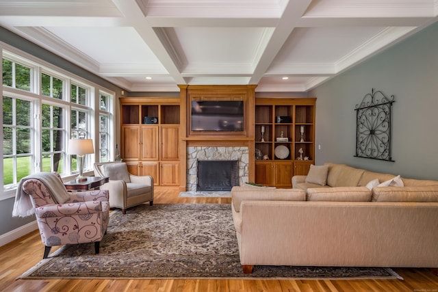 4 Brighton Ln, Simsbury, CT 06070 - living room featuring a fireplace, wood finished floors, ornamental molding, beamed ceiling, and coffered ceiling