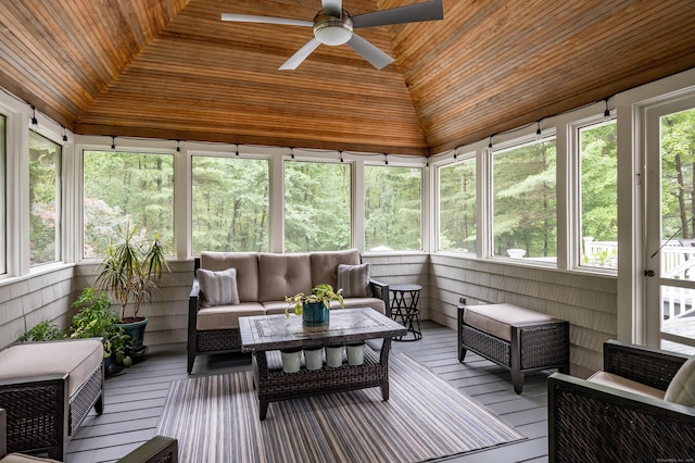 4 Brighton Ln, Simsbury, CT 06070 - sunroom / solarium with an outdoor hangout area, ceiling fan, vaulted ceiling, and healthy amount of natural light