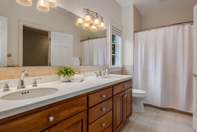 4 Brighton Ln, Simsbury, CT 06070 - full bath with double vanity, tile patterned floors, curtained shower, tile walls, and wainscoting