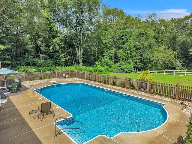 21 Briarcliffe Trl, Old Saybrook, CT 06475 - view of swimming pool featuring a patio area, a fenced backyard, and a diving board