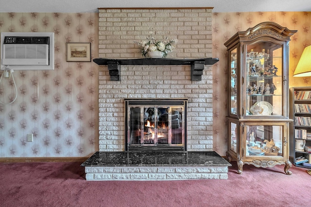 21 Briarcliffe Trl, Old Saybrook, CT 06475 - detailed view of wallpapered walls, carpet flooring, a wall mounted AC, and a brick fireplace