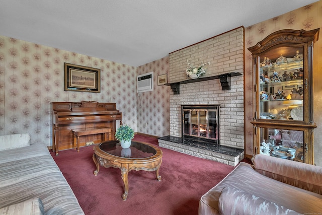 21 Briarcliffe Trl, Old Saybrook, CT 06475 - living area featuring wallpapered walls, a wall mounted air conditioner, carpet, and a fireplace