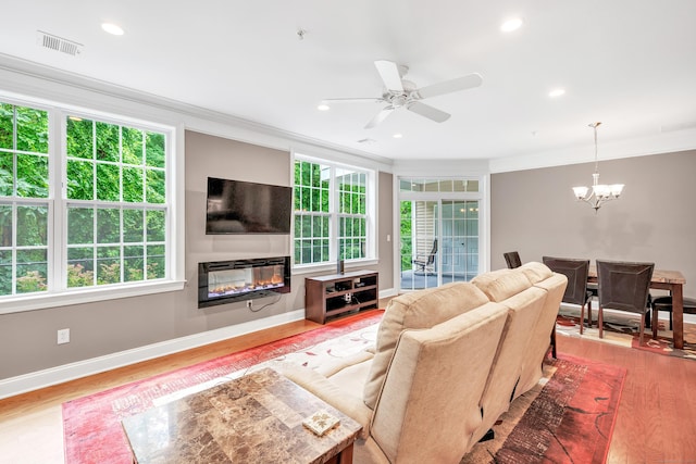 605 Brookside Ct Unit 605, Newtown, CT 06470 - living room featuring a chandelier, ornamental molding, a glass covered fireplace, light wood-type flooring, and ceiling fan