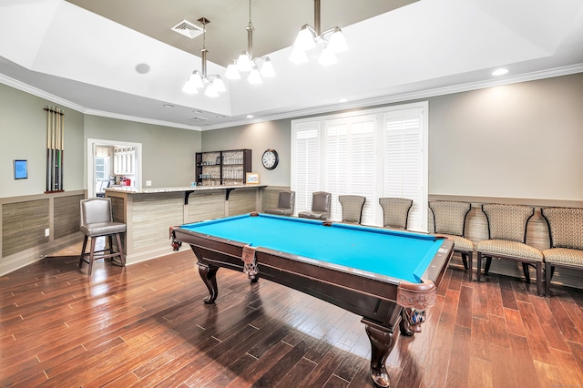 605 Brookside Ct Unit 605, Newtown, CT 06470 - game room with billiards table, dark wood-style floors, ornamental molding, a tray ceiling, and recessed lighting