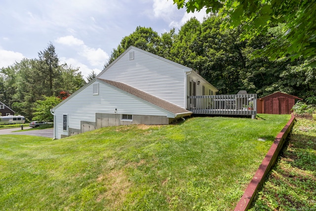 120 Plank Hill Rd, Simsbury, CT 06070 - view of side of property with a storage shed, a wooden deck, and a lawn