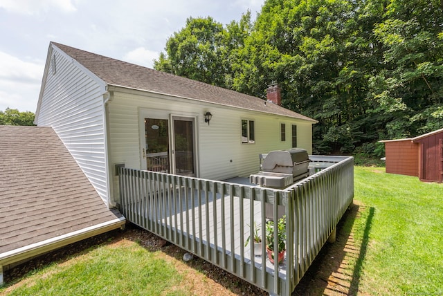 120 Plank Hill Rd, Simsbury, CT 06070 - rear view of house featuring a chimney, a lawn, a wooden deck, and a shingled roof