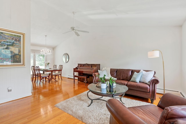 120 Plank Hill Rd, Simsbury, CT 06070 - living area with baseboard heating, light wood-style floors, lofted ceiling, a chandelier, and a ceiling fan