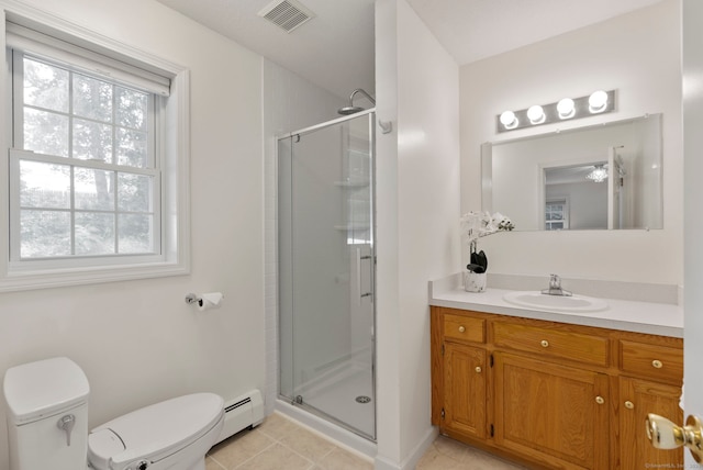120 Plank Hill Rd, Simsbury, CT 06070 - full bath featuring baseboard heating, a shower stall, vanity, and tile patterned floors