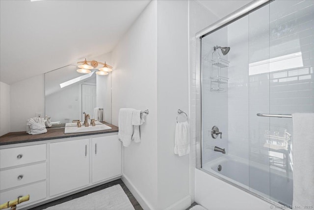 25 Spring St, Chester, CT 06412 - bathroom with shower / bath combination with glass door, vanity, and lofted ceiling