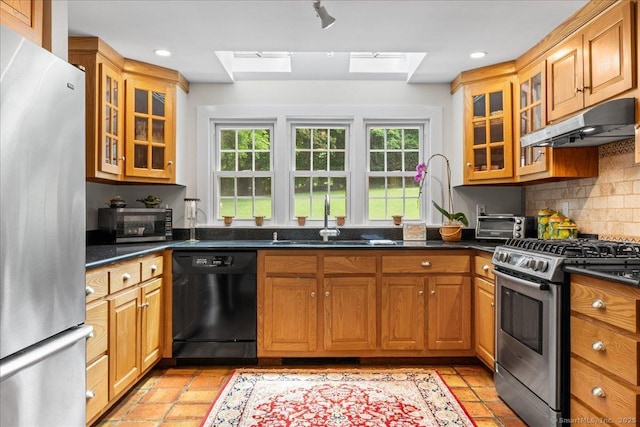25 Spring St, Chester, CT 06412 - kitchen featuring stainless steel appliances, under cabinet range hood, a skylight, decorative backsplash, and glass insert cabinets