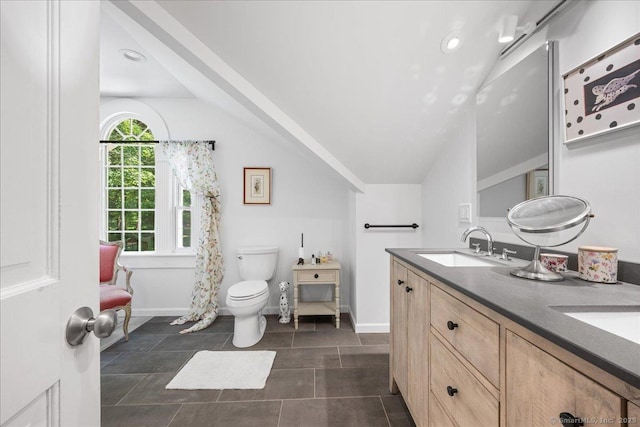 25 Spring St, Chester, CT 06412 - full bath with double vanity, lofted ceiling, and tile patterned floors
