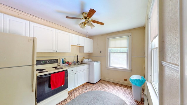 183 Schroback Rd, Plymouth, CT 06782 - kitchen with white appliances, washer / clothes dryer, ceiling fan, and white cabinets
