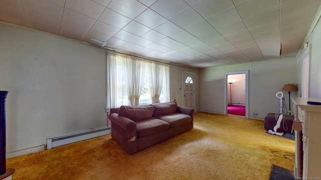 183 Schroback Rd, Plymouth, CT 06782 - living area featuring baseboard heating, carpet floors, ornamental molding, and a baseboard radiator