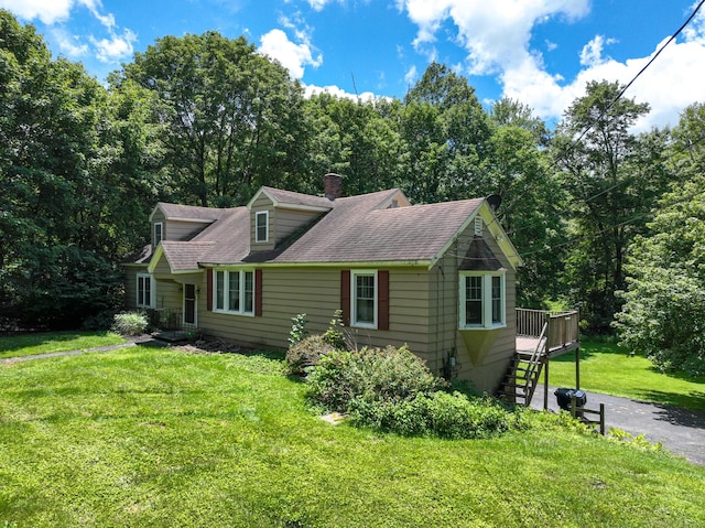 183 Schroback Rd, Plymouth, CT 06782 - view of property exterior with a lawn, a chimney, a shingled roof, a deck, and stairs
