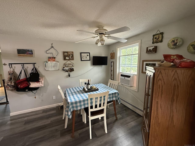 7 School St, Burlington, CT 06013 - dining space with a baseboard heating unit, a ceiling fan, dark wood-style flooring, cooling unit, and a textured ceiling