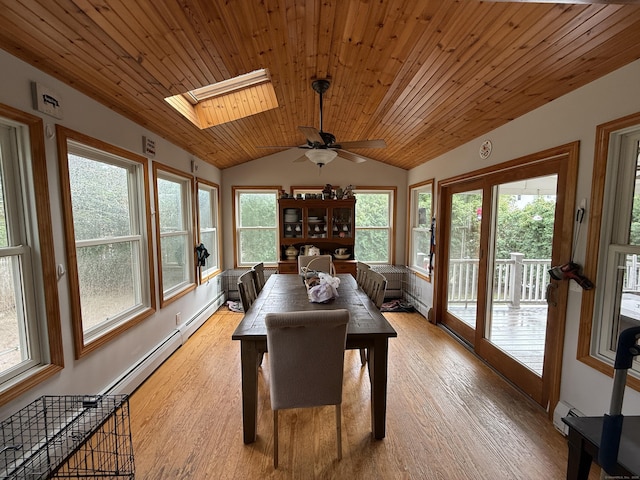 7 School St, Burlington, CT 06013 - dining room featuring a skylight, vaulted ceiling, light wood-type flooring, baseboard heating, and wooden ceiling