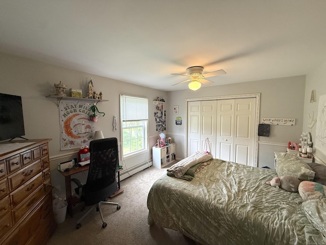 7 School St, Burlington, CT 06013 - carpeted bedroom with a baseboard heating unit, an office area, a closet, and a ceiling fan