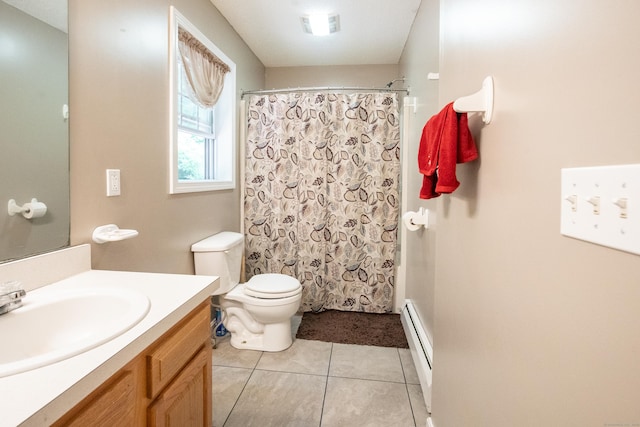 82 Pleasant St, Thomaston, CT 06787 - full bath featuring a baseboard radiator, vanity, tile patterned flooring, and a shower with shower curtain
