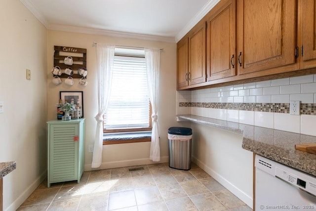 40 Orchard Brook Dr Unit 40, Wethersfield, CT 06109 - kitchen with dishwasher, tasteful backsplash, brown cabinetry, ornamental molding, and stone counters