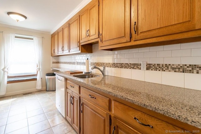 40 Orchard Brook Dr Unit 40, Wethersfield, CT 06109 - kitchen with white dishwasher, tasteful backsplash, brown cabinets, ornamental molding, and light stone countertops