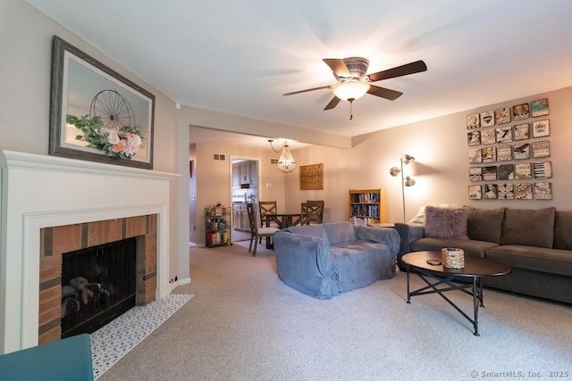 40 Orchard Brook Dr Unit 40, Wethersfield, CT 06109 - living room with a ceiling fan, carpet, and a brick fireplace