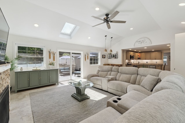 24 Wapping Wood Rd, Ellington, CT 06029 - living area featuring a ceiling fan, recessed lighting, lofted ceiling, and a skylight