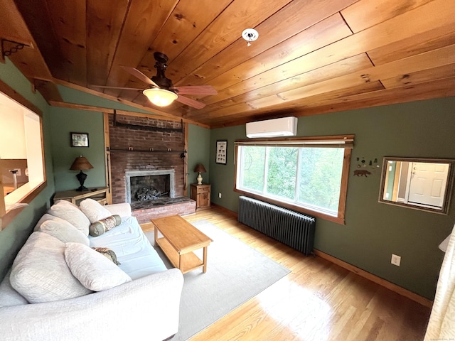 57 S Main St, East Granby, CT 06026 - living room featuring radiator heating unit, a wall mounted AC, wood finished floors, ceiling fan, and wood ceiling
