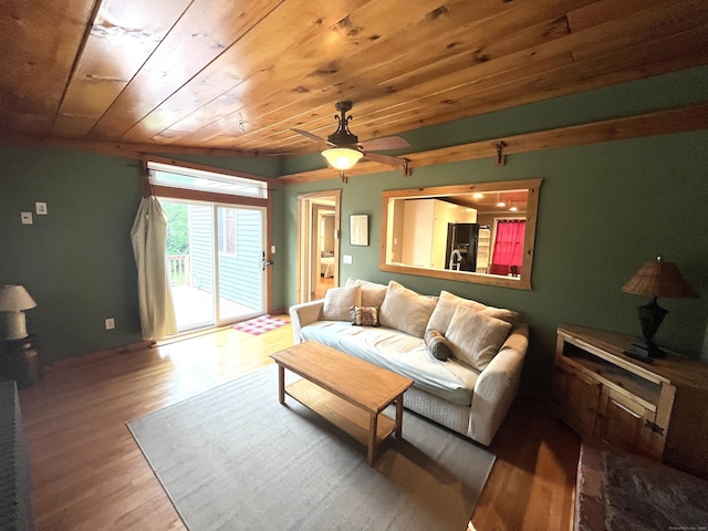 57 S Main St, East Granby, CT 06026 - living room with wood ceiling, wood finished floors, and a ceiling fan