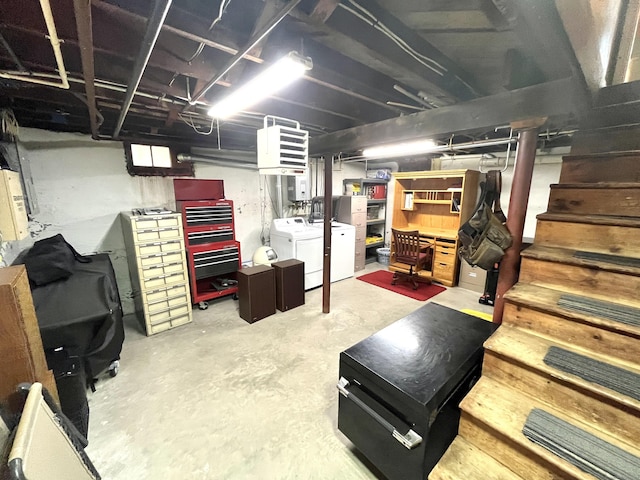 57 S Main St, East Granby, CT 06026 - unfinished basement with washer and clothes dryer, stairs, and water heater