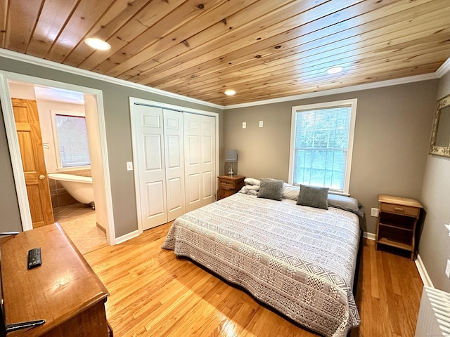 57 S Main St, East Granby, CT 06026 - bedroom with crown molding, recessed lighting, light wood-style flooring, wooden ceiling, and a closet