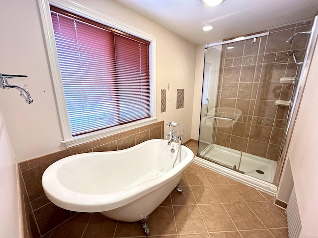 57 S Main St, East Granby, CT 06026 - full bath with a shower stall, a soaking tub, tile patterned floors, and recessed lighting