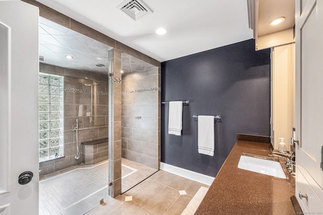 10 Prynne Ridge Rd, Longmeadow, MA 01106 - full bathroom featuring a stall shower, tile patterned flooring, recessed lighting, and vanity