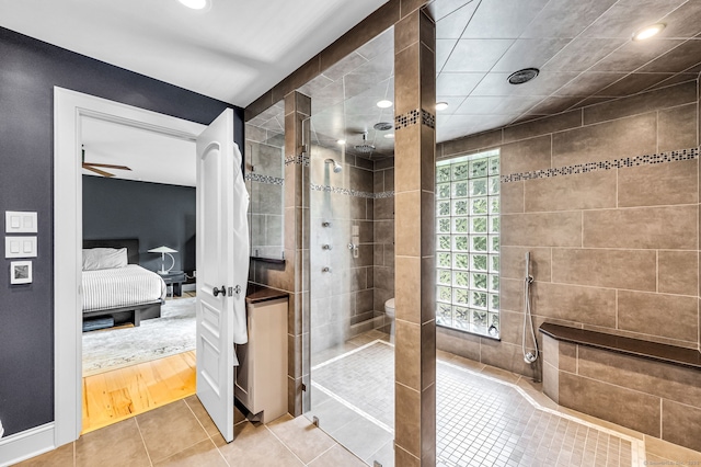 10 Prynne Ridge Rd, Longmeadow, MA 01106 - ensuite bathroom with tile patterned flooring, a tile shower, recessed lighting, and ceiling fan