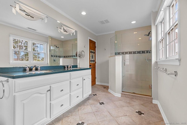 6 Tonetta Cir, Norwalk, CT 06855 - bathroom with a stall shower, double vanity, crown molding, tile patterned flooring, and recessed lighting