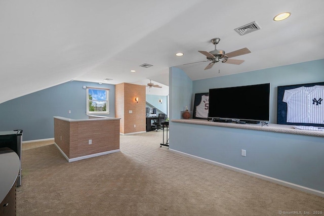 6 Tonetta Cir, Norwalk, CT 06855 - living room featuring ceiling fan, vaulted ceiling, carpet, and recessed lighting