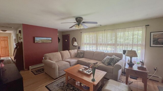 70 River Rd, Preston, CT 06365 - living area featuring a baseboard radiator, wood finished floors, and a ceiling fan