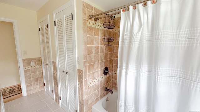 70 River Rd, Preston, CT 06365 - full bathroom with a closet, shower / bath combo, tile patterned flooring, and tile walls