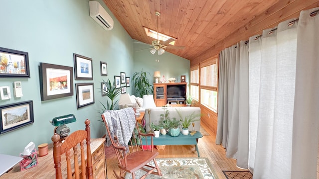 70 River Rd, Preston, CT 06365 - living area with a wall mounted AC, light wood-type flooring, wood ceiling, lofted ceiling, and a ceiling fan